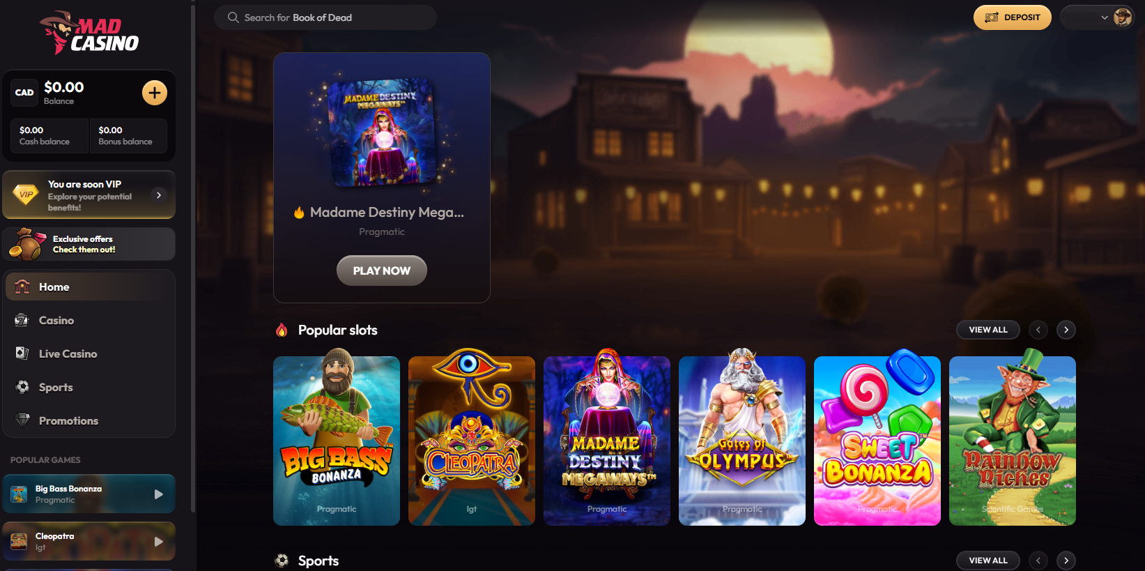 Madcasino screenshot showing the homepage and game lobby
