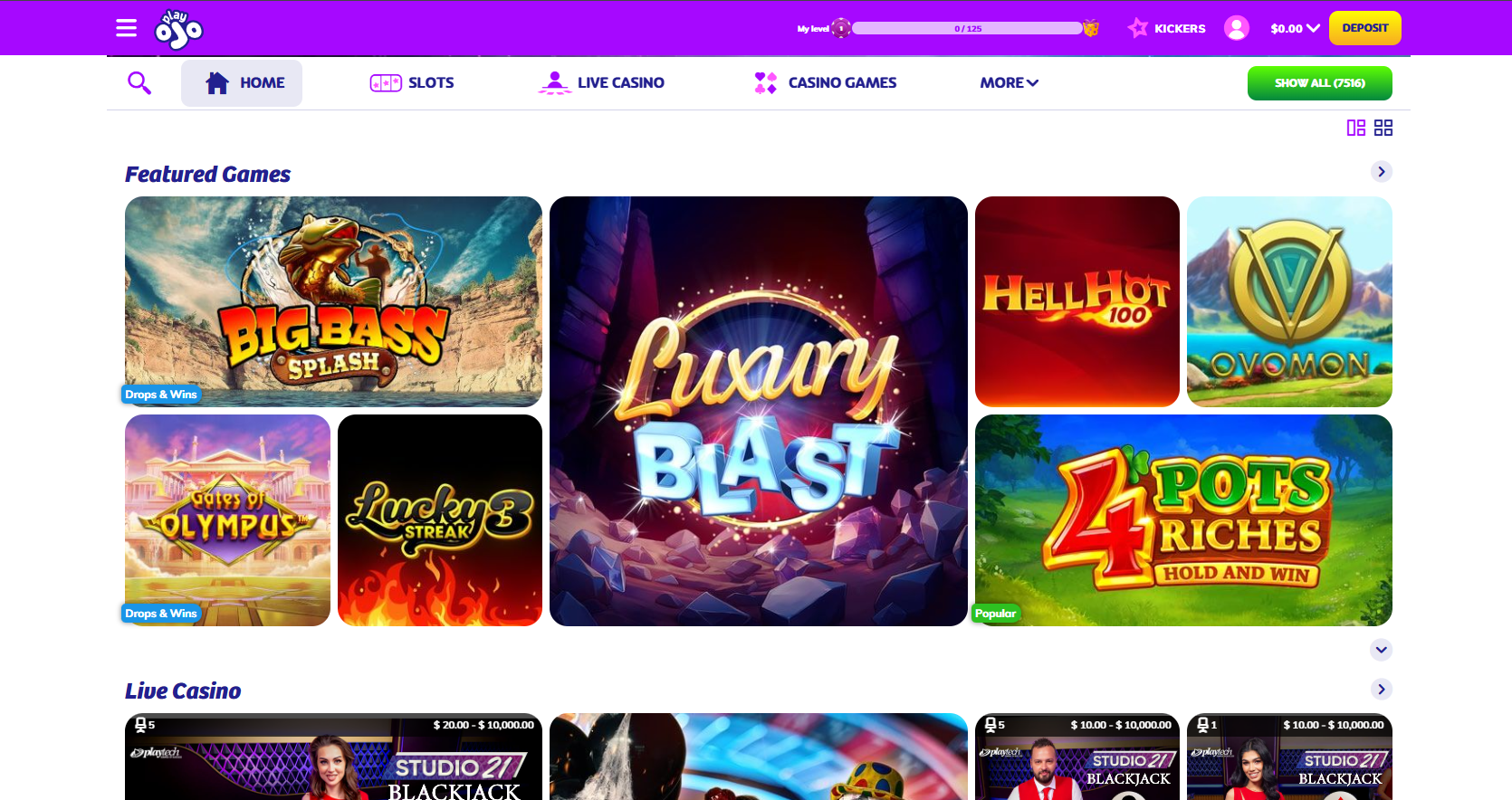 PlayOjo screenshot showing the homepage and game lobby