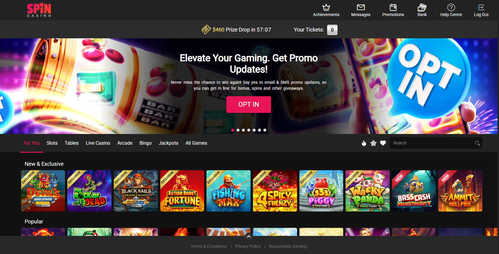 Spin Casino screenshot showing the homepage and game lobby
